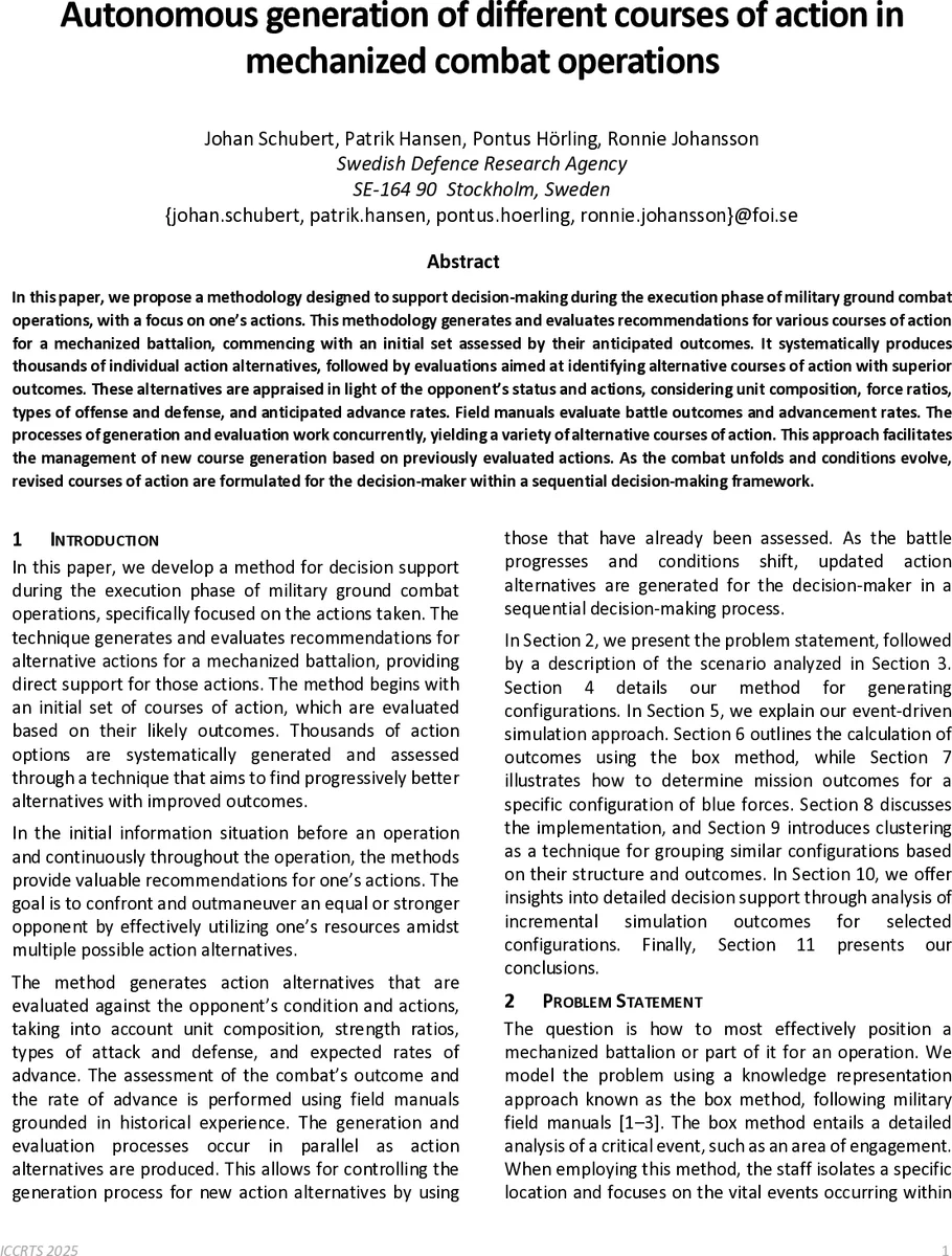 Autonomous generation of different courses of action in mechanized combat operations