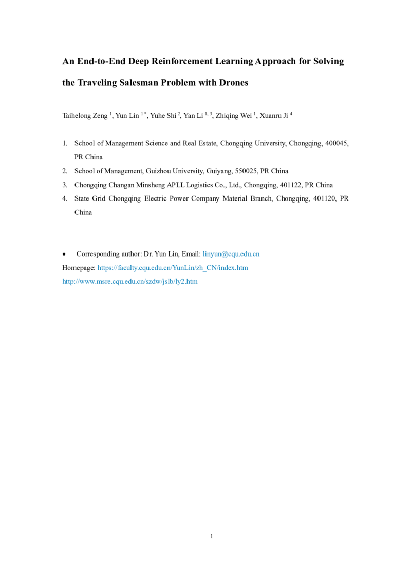 An End-to-End Deep Reinforcement Learning Approach for Solving the Traveling Salesman Problem with Drones