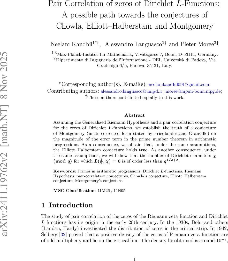 Pair Correlation of zeros of Dirichlet $L$-Functions: A possible path towards the conjectures of Chowla, Elliott-Halberstam and Montgomery