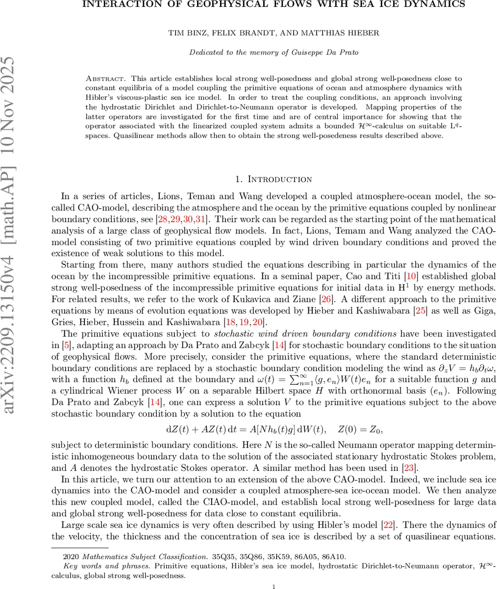 Interaction of geophysical flows with sea ice dynamics