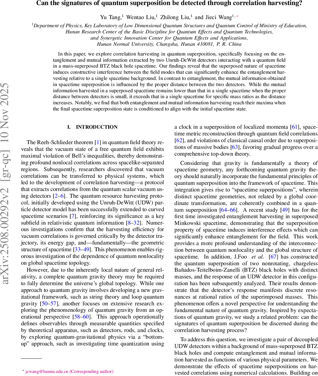 Can the latent signatures of quantum superposition be detected through correlation harvesting?