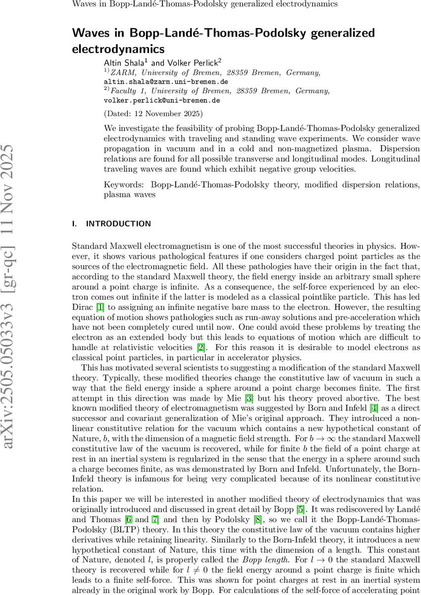 Waves in Bopp-Landé-Thomas-Podolsky generalized electrodynamics