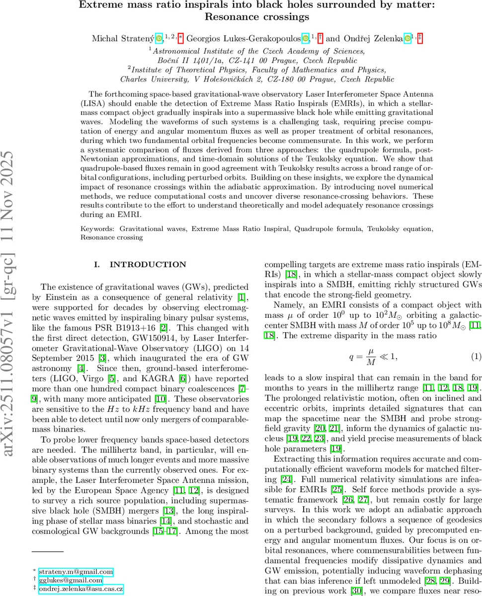 Extreme mass ratio inspirals into black holes surrounded by matter: Resonance crossings