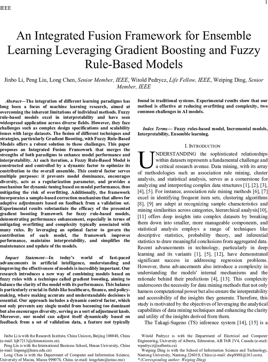 An Integrated Fusion Framework for Ensemble Learning Leveraging Gradient Boosting and Fuzzy Rule-Based Models