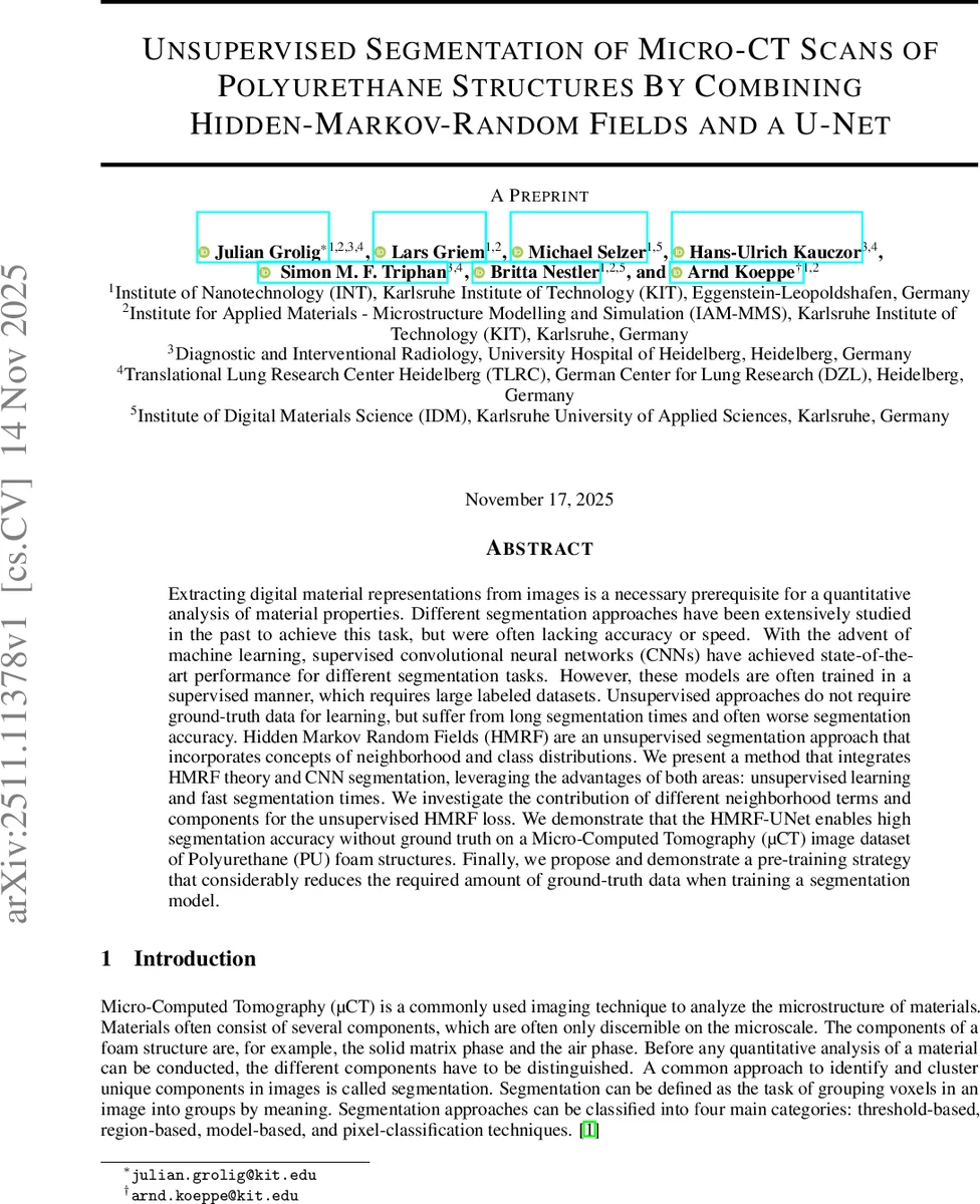 Unsupervised Segmentation of Micro-CT Scans of Polyurethane Structures By Combining Hidden-Markov-Random Fields and a U-Net