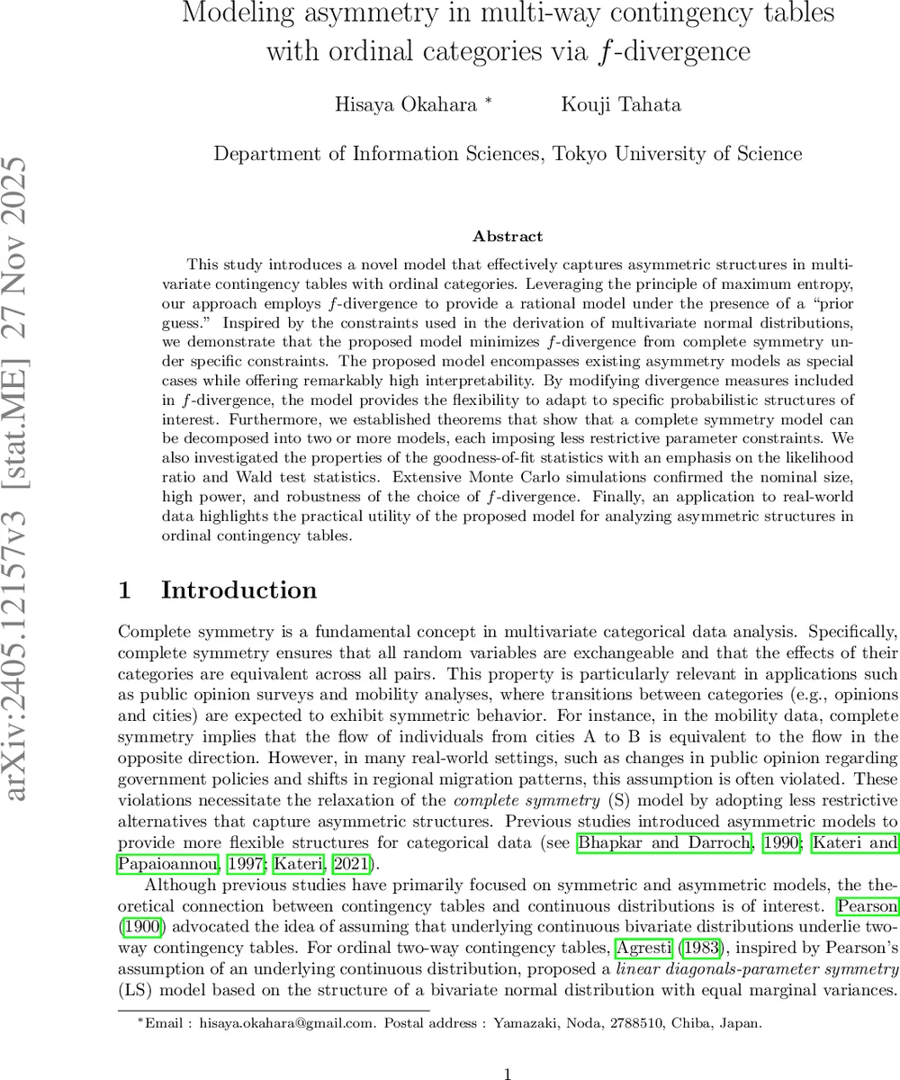 Modeling asymmetry in multi-way contingency tables with ordinal categories via f-divergence