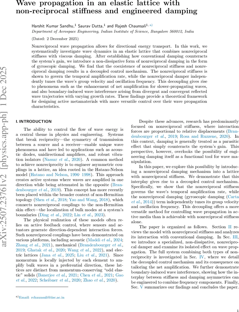 Wave propagation in an elastic lattice with non-reciprocal stiffness and engineered damping
