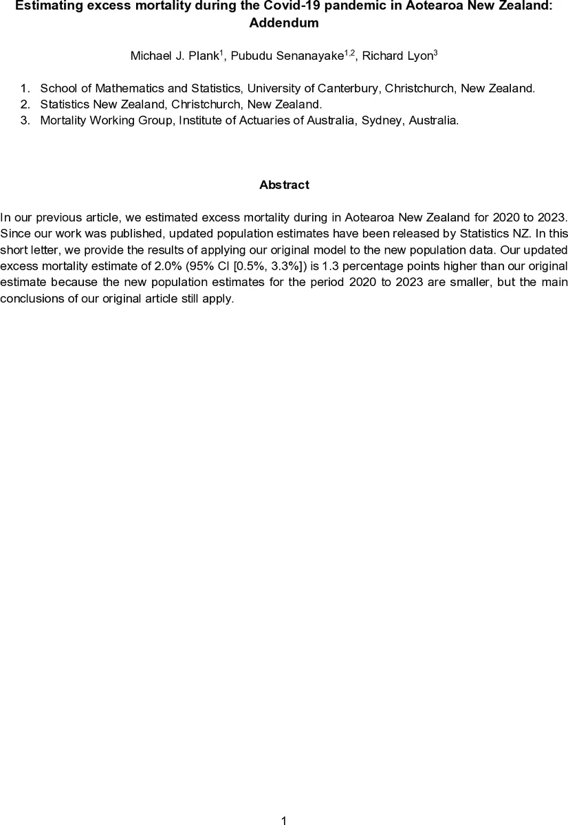 Estimating excess mortality during the Covid-19 pandemic in Aotearoa New Zealand: Addendum