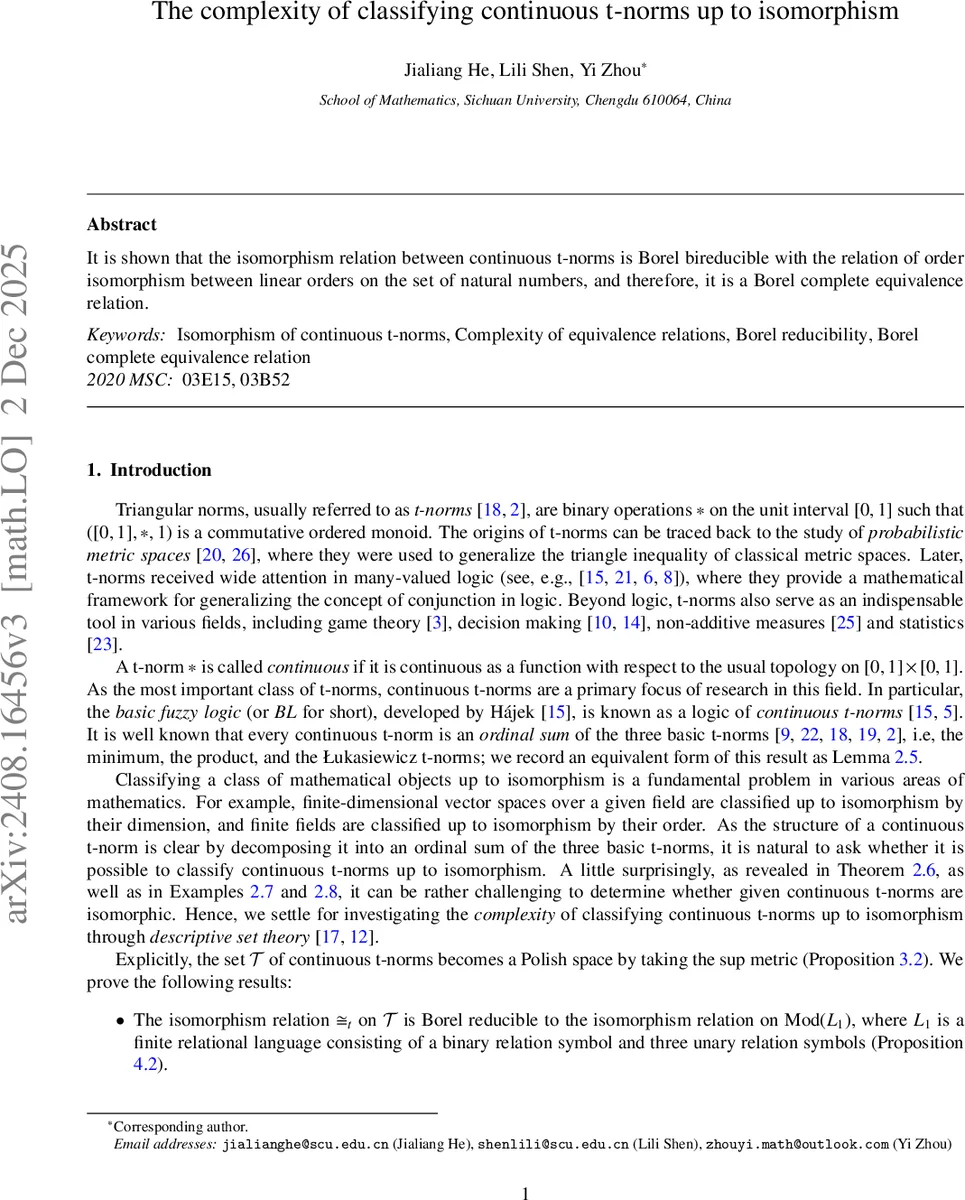 The complexity of classifying continuous t-norms up to isomorphism