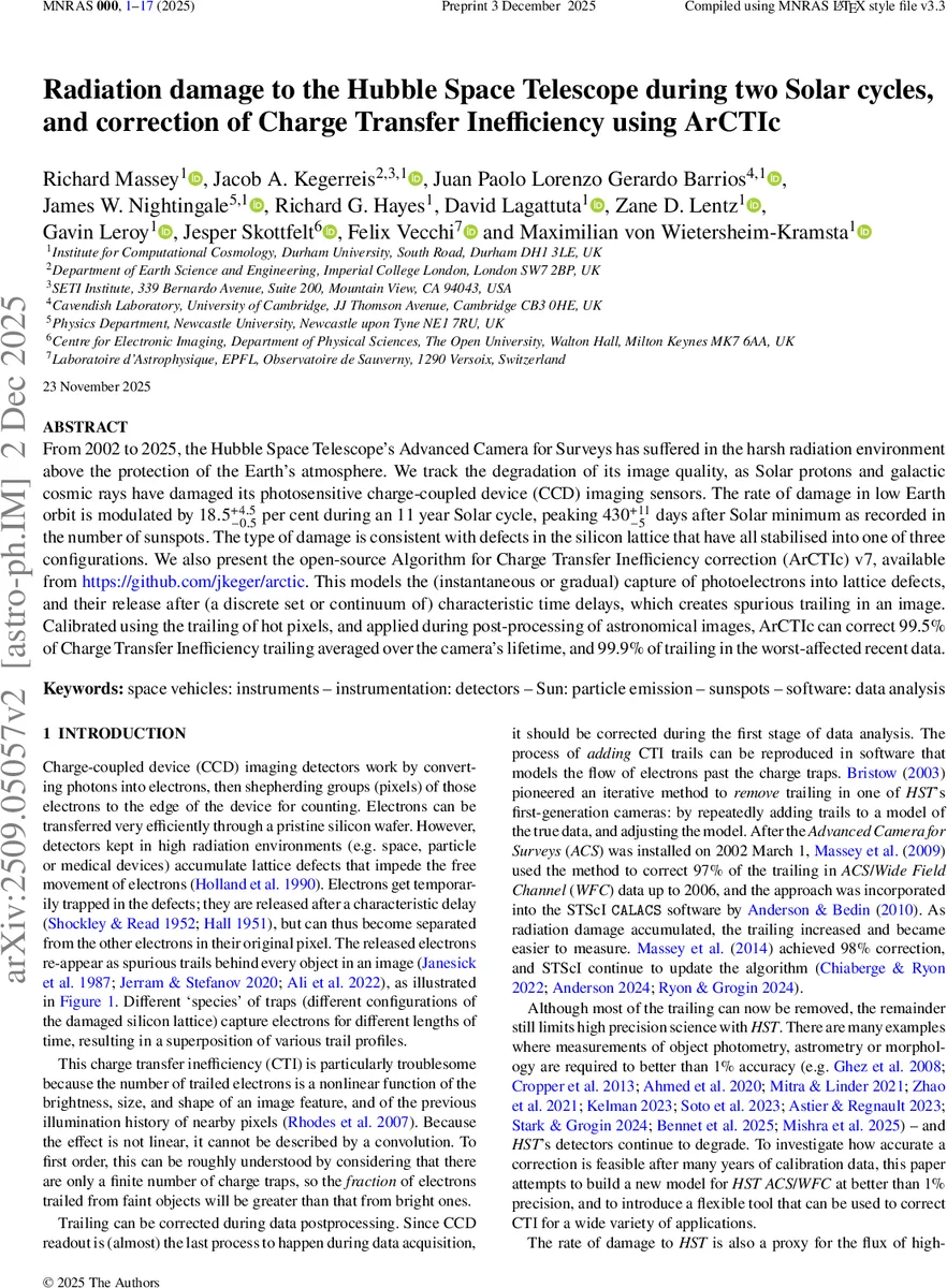 Radiation damage to the Hubble Space Telescope during two Solar cycles, and correction of Charge Transfer Inefficiency using ArCTIc