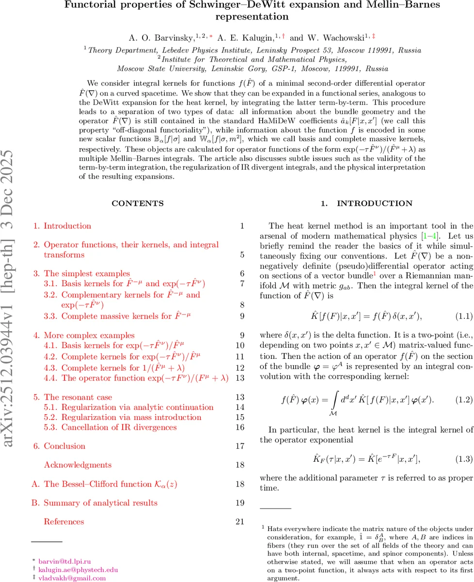 Functorial properties of Schwinger-DeWitt expansion and Mellin-Barnes representation