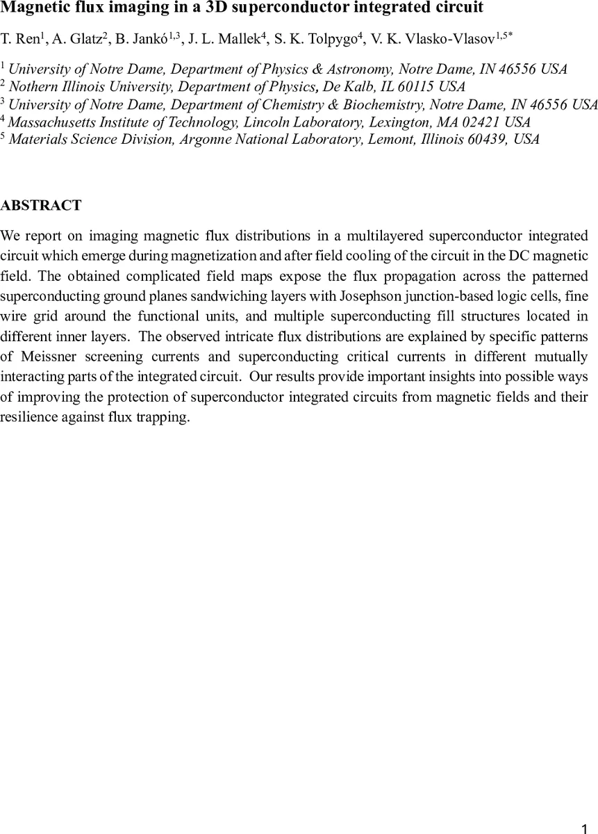 Magnetic flux imaging in a 3D superconductor integrated circuit