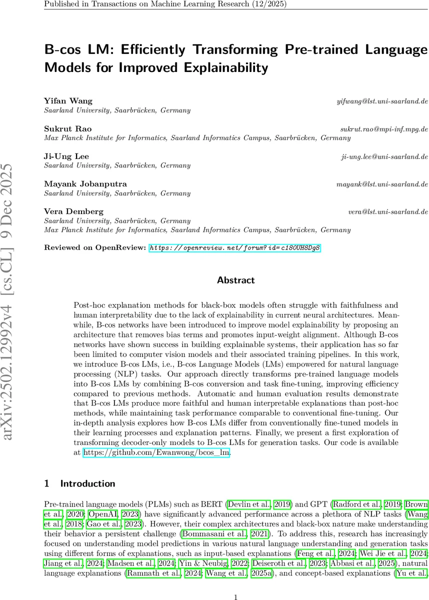 B-cos LM: Efficiently Transforming Pre-trained Language Models for Improved Explainability