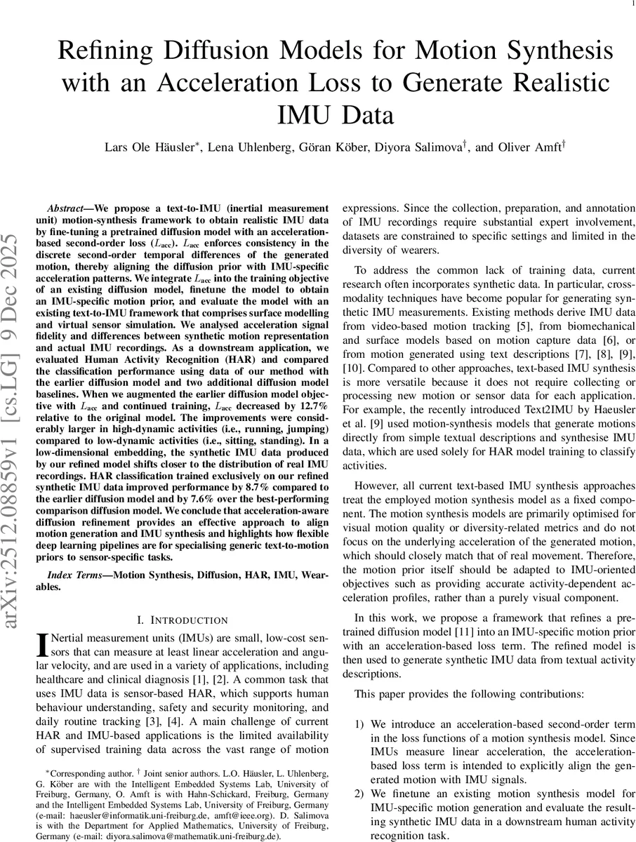 Refining Diffusion Models for Motion Synthesis with an Acceleration Loss to Generate Realistic IMU Data