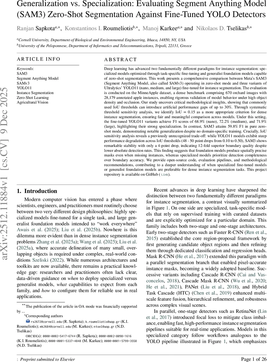 Generalization vs. Specialization: Evaluating Segment Anything Model (SAM3) Zero-Shot Segmentation Against Fine-Tuned YOLO Detectors