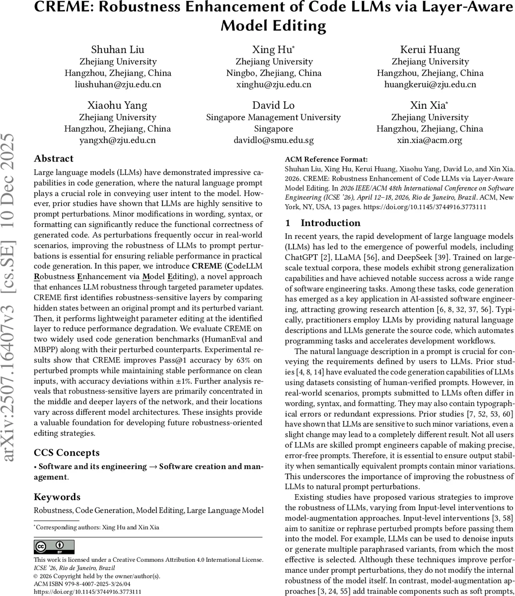 CREME: Robustness Enhancement of Code LLMs via Layer-Aware Model Editing