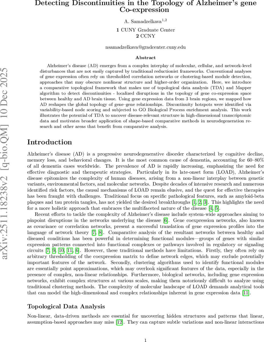 Detecting Discontinuities in the Topology of Alzheimers gene Co-expression
