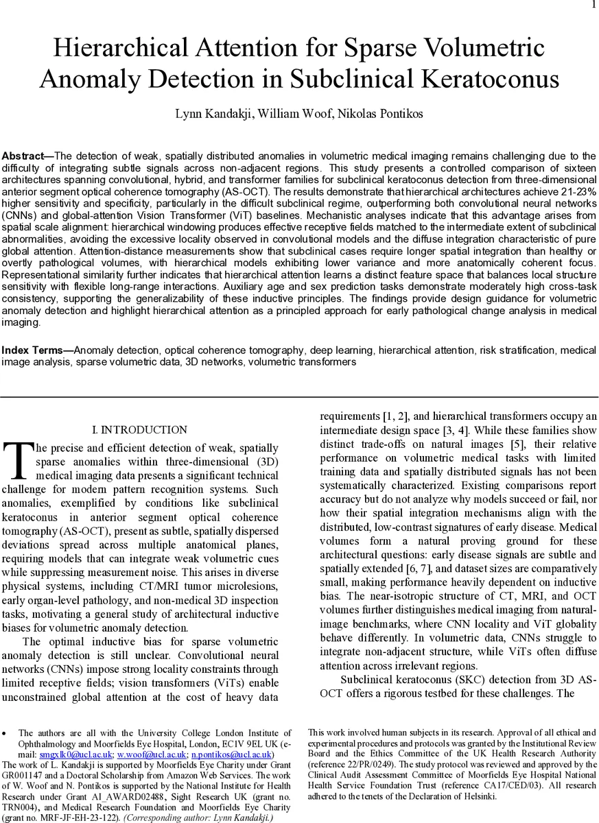 Hierarchical Attention for Sparse Volumetric Anomaly Detection in Subclinical Keratoconus