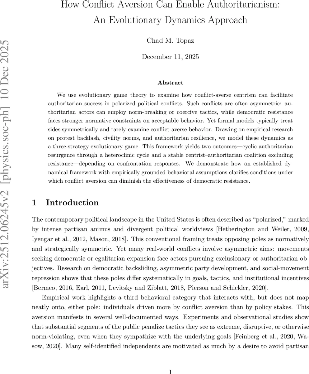 How Conflict Aversion Can Enable Authoritarianism: An Evolutionary Dynamics Approach
