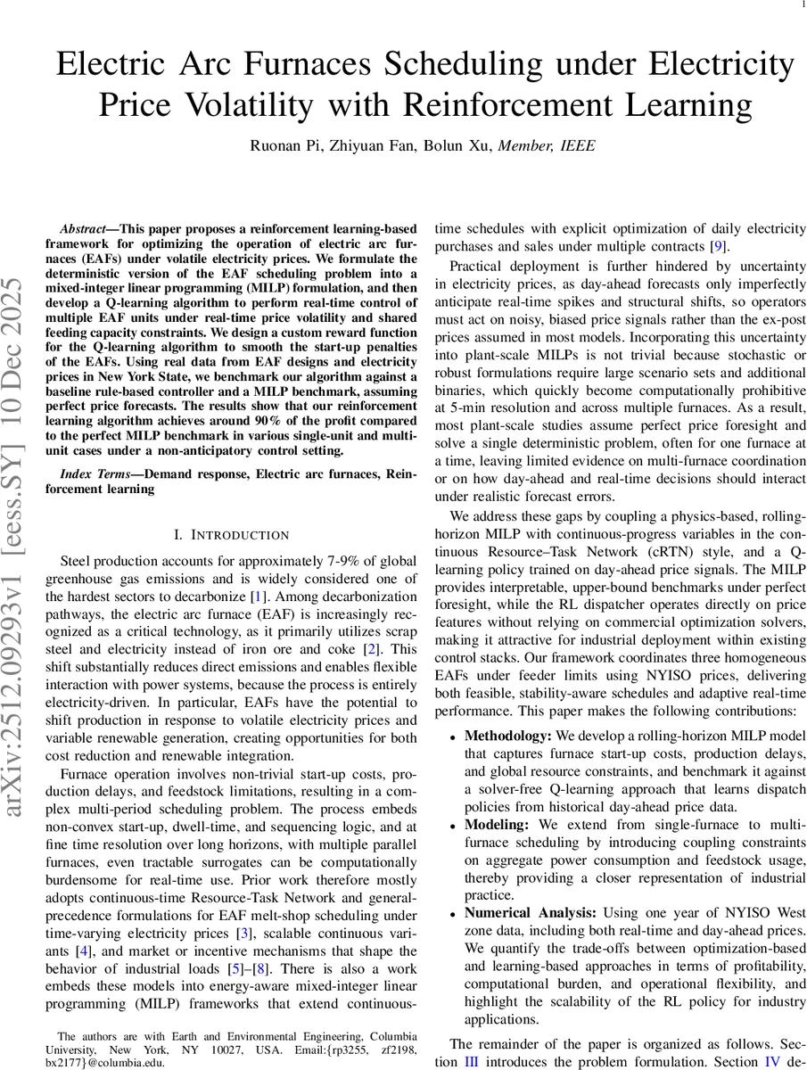 Electric Arc Furnaces Scheduling under Electricity Price Volatility with Reinforcement Learning