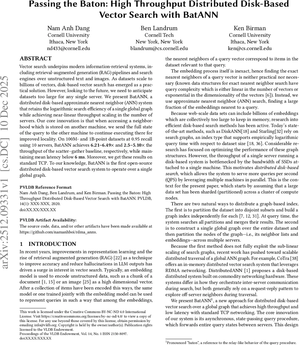 Passing the Baton: High Throughput Distributed Disk-Based Vector Search with BatANN