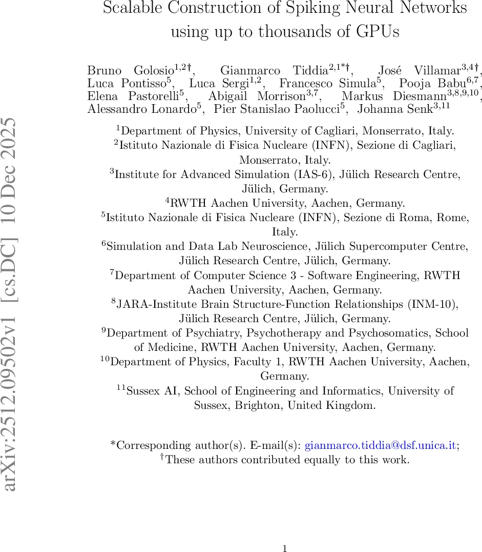Scalable Construction of Spiking Neural Networks using up to thousands of GPUs