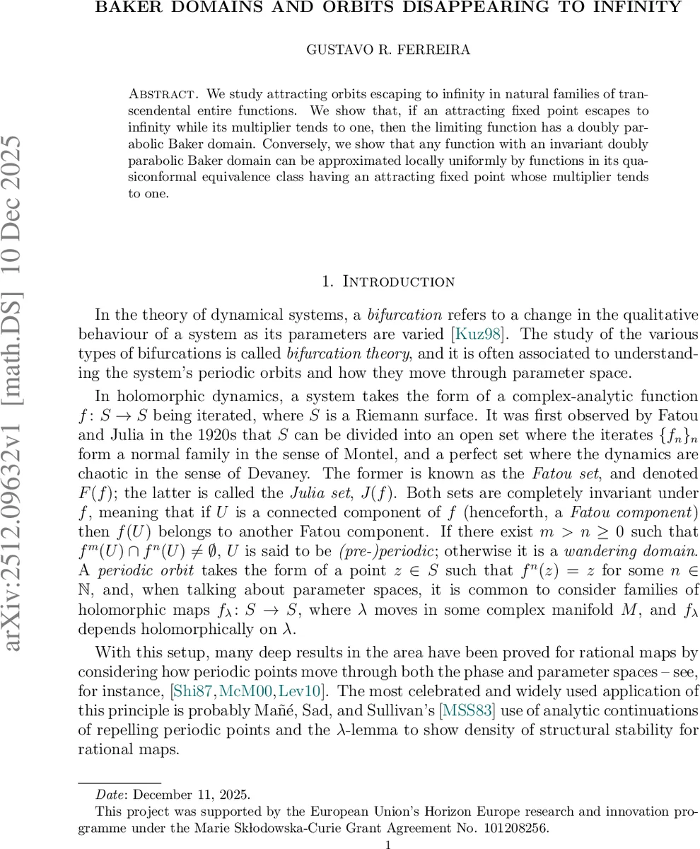 Baker domains and orbits disappearing to infinity