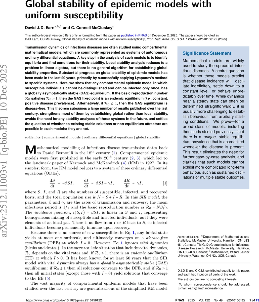 Global stability of epidemic models with uniform susceptibility