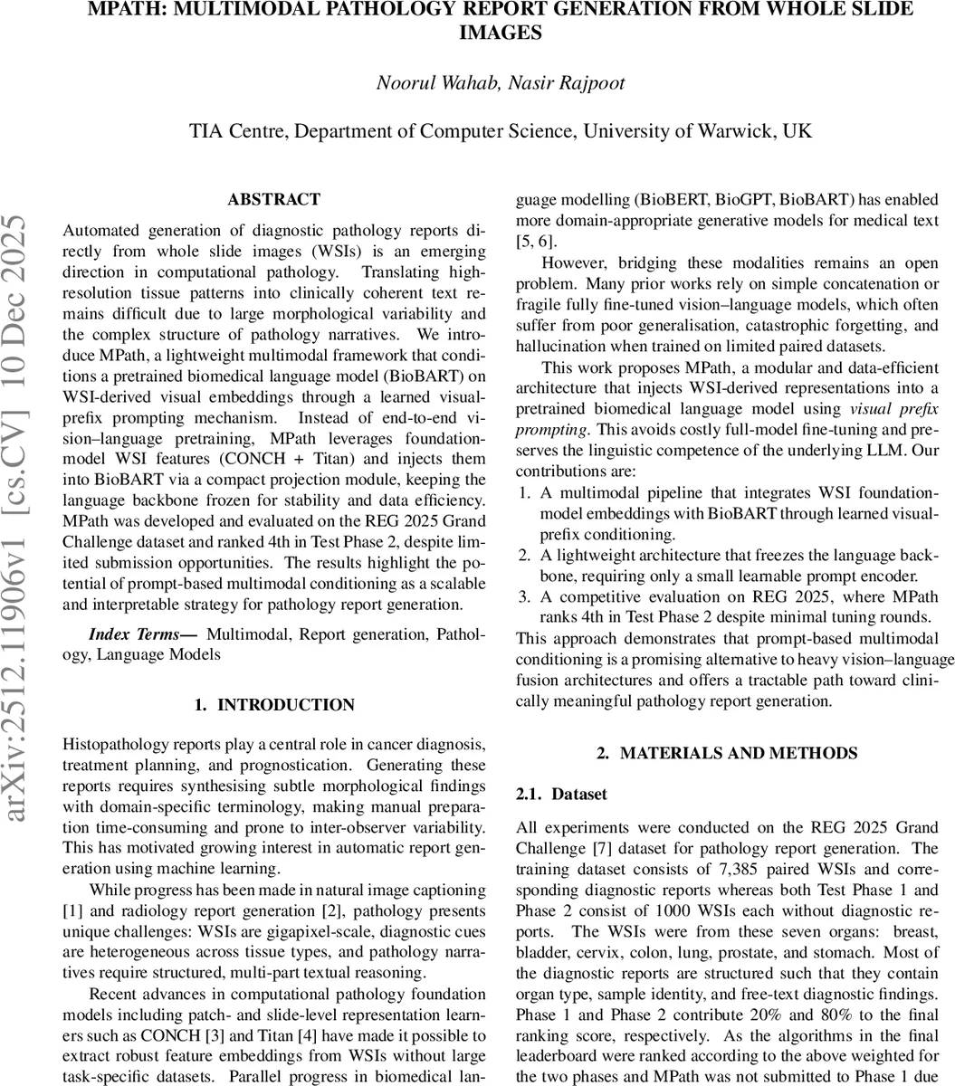 MPath: Multimodal Pathology Report Generation from Whole Slide Images