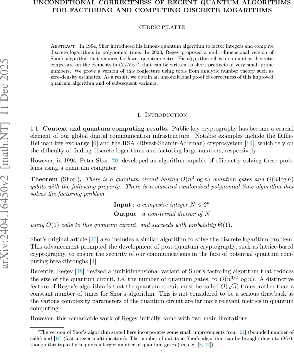 Unconditional correctness of recent quantum algorithms for factoring and computing discrete logarithms