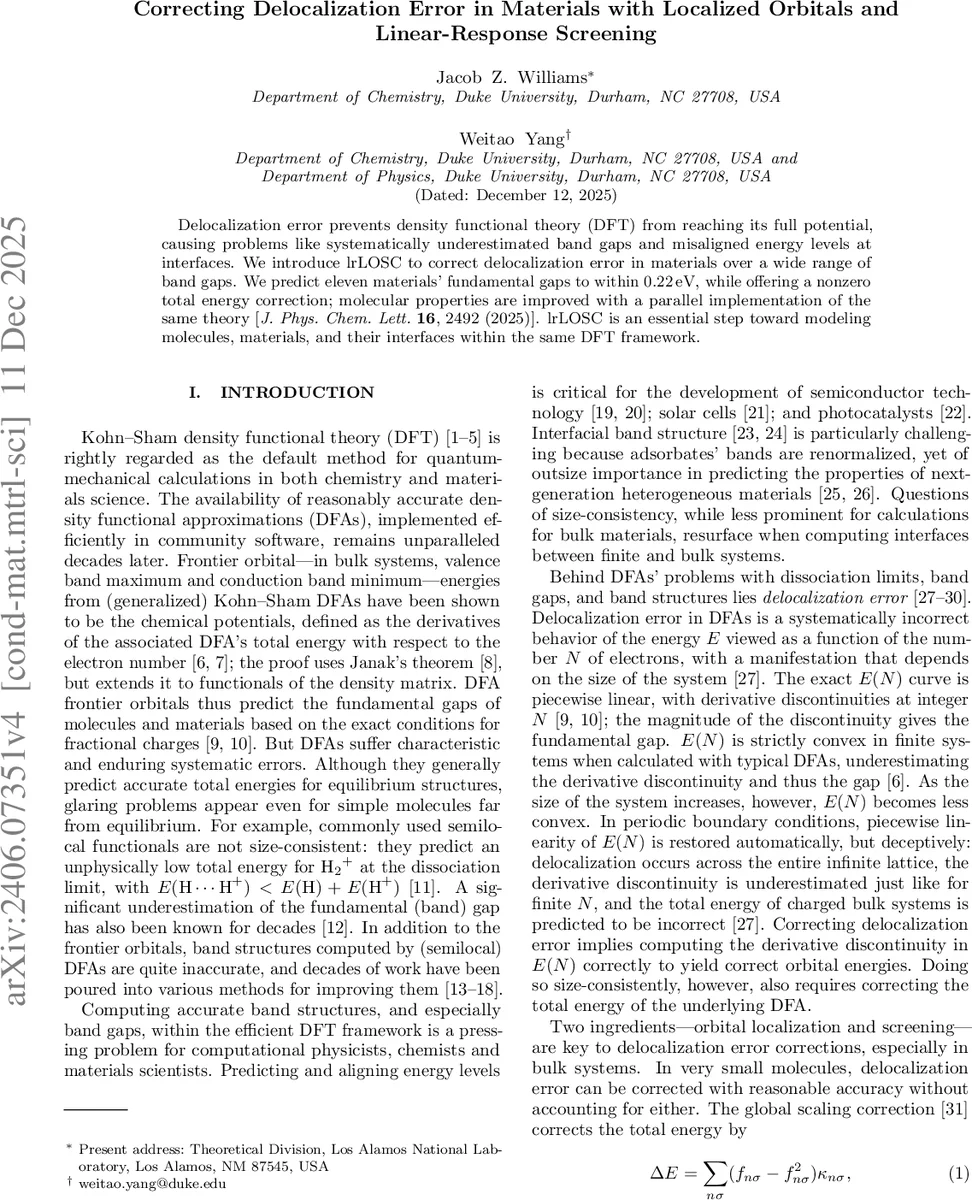 Correcting Delocalization Error in Materials with Localized Orbitals and Linear-Response Screening