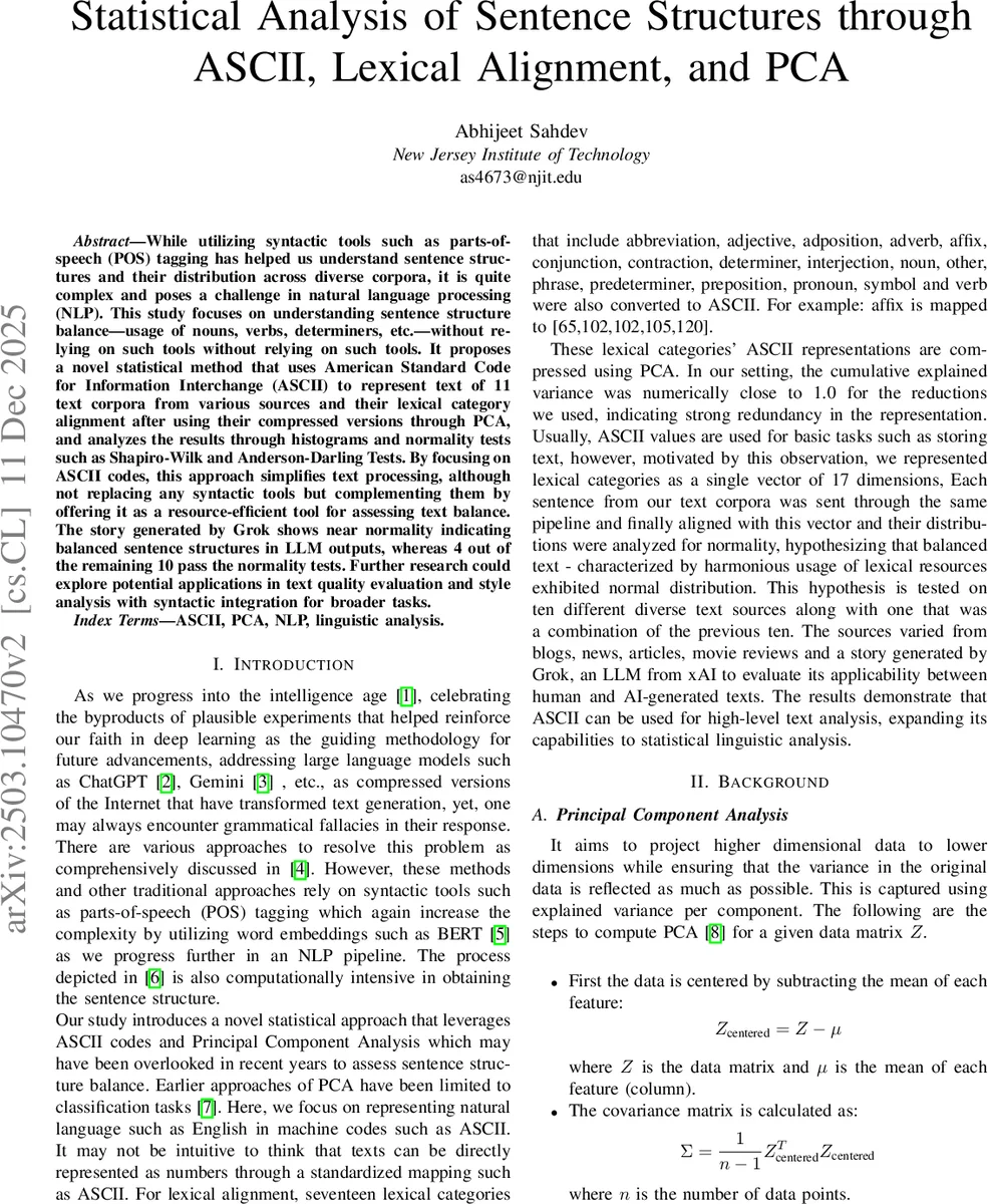 Statistical Analysis of Sentence Structures through ASCII, Lexical Alignment and PCA