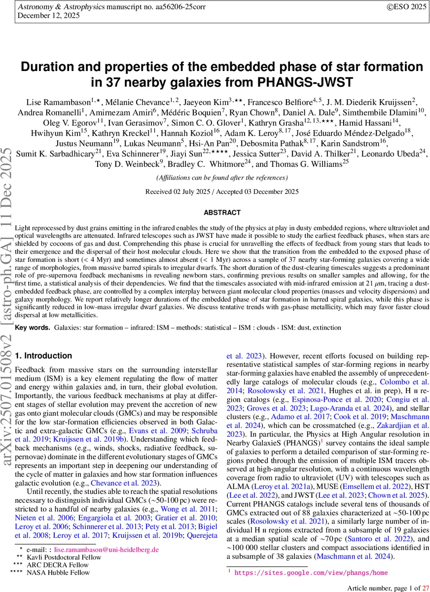 Duration and properties of the embedded phase of star formation in 37 nearby galaxies from PHANGS-JWST