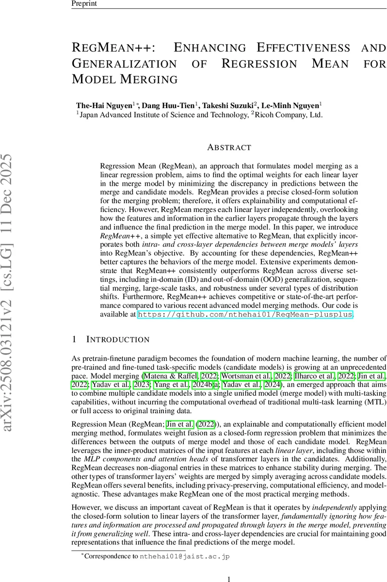 RegMean++: Enhancing Effectiveness and Generalization of Regression Mean for Model Merging