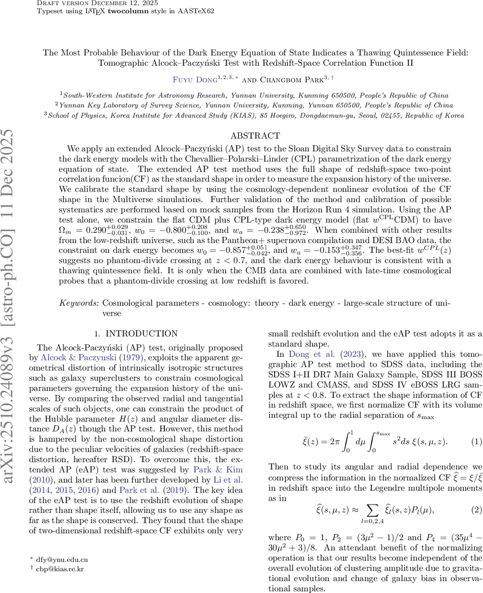 The Most Probable Behaviour of the Dark Energy Equation of State Indicates a Thawing Quintessence Field: Tomographic Alcock-Paczyński Test with Redshift-Space Correlation Function II