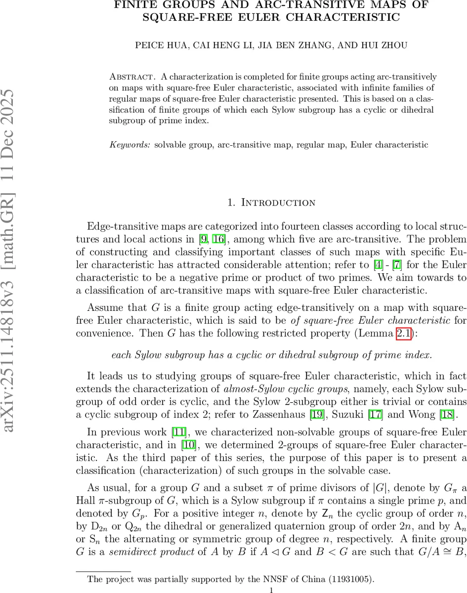 Finite groups and arc-transitive maps of square-free Euler characteristic