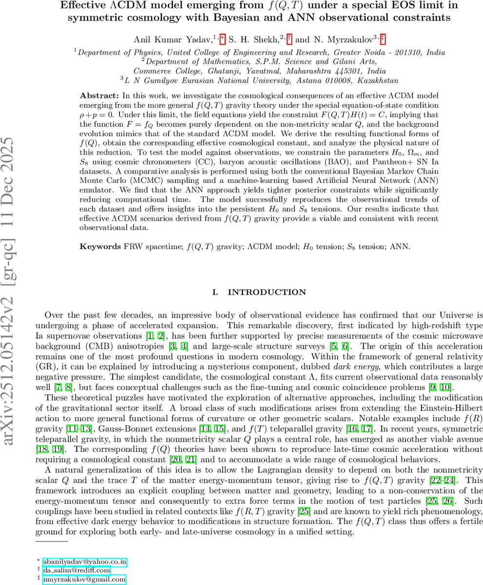 Effective $Λ$CDM model emerging from $f(Q,T)$ under a special EOS limit in symmetric cosmology with Bayesian and ANN observational constraints