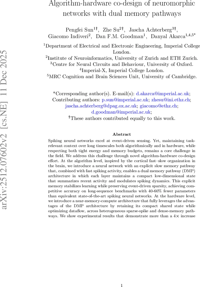 Algorithm-hardware co-design of neuromorphic networks with dual memory pathways