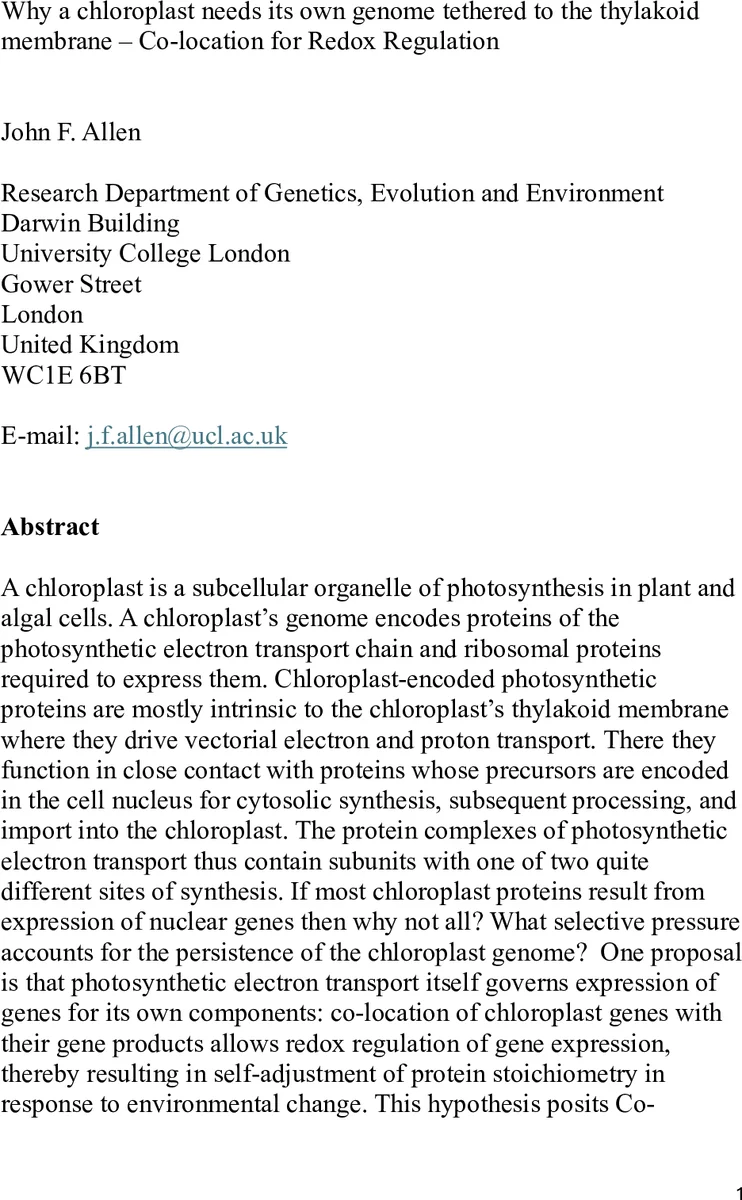 Why a chloroplast needs its own genome tethered to the thylakoid membrane -- Co-location for Redox Regulation