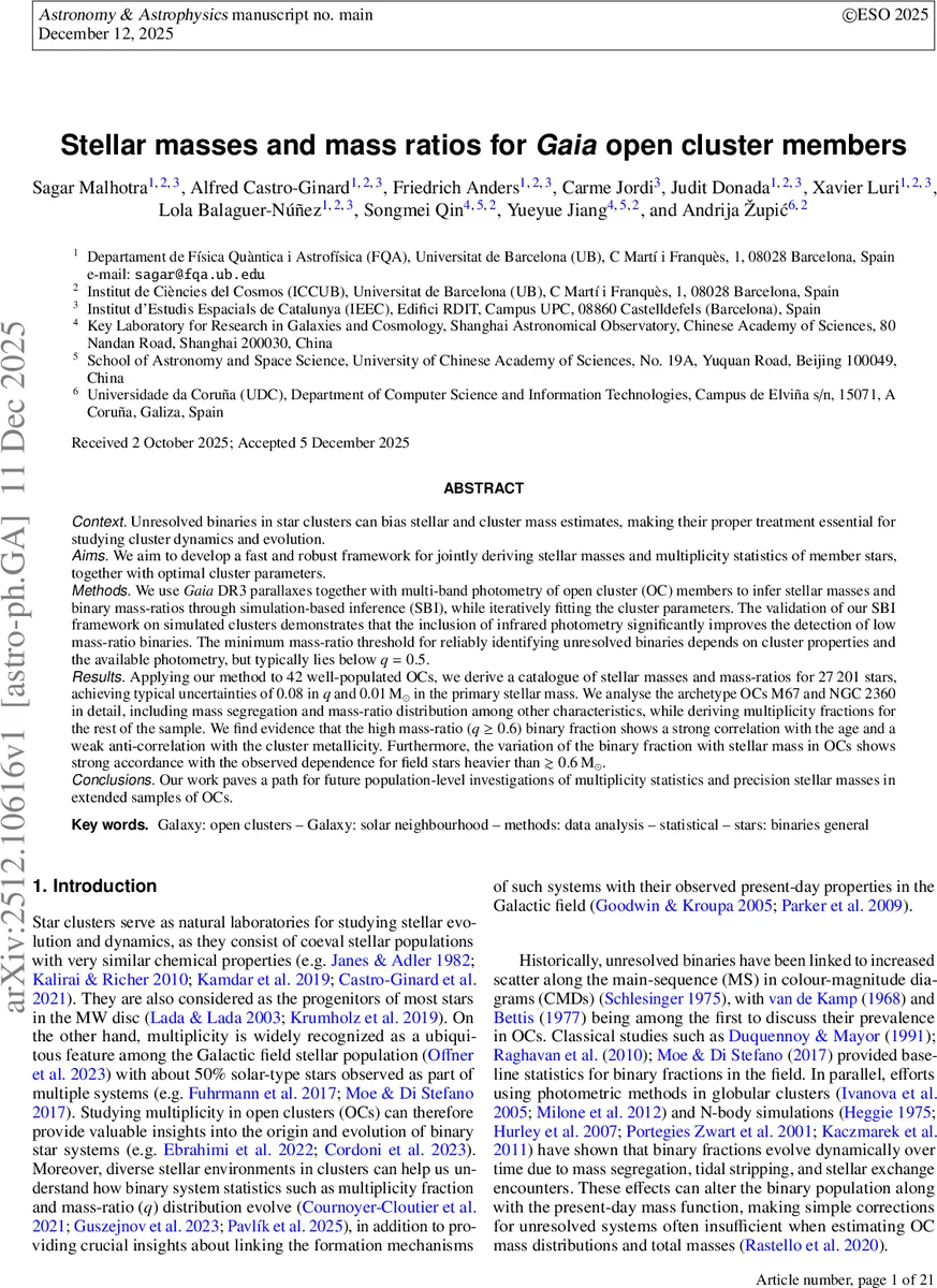 Stellar masses and mass ratios for Gaia open cluster members