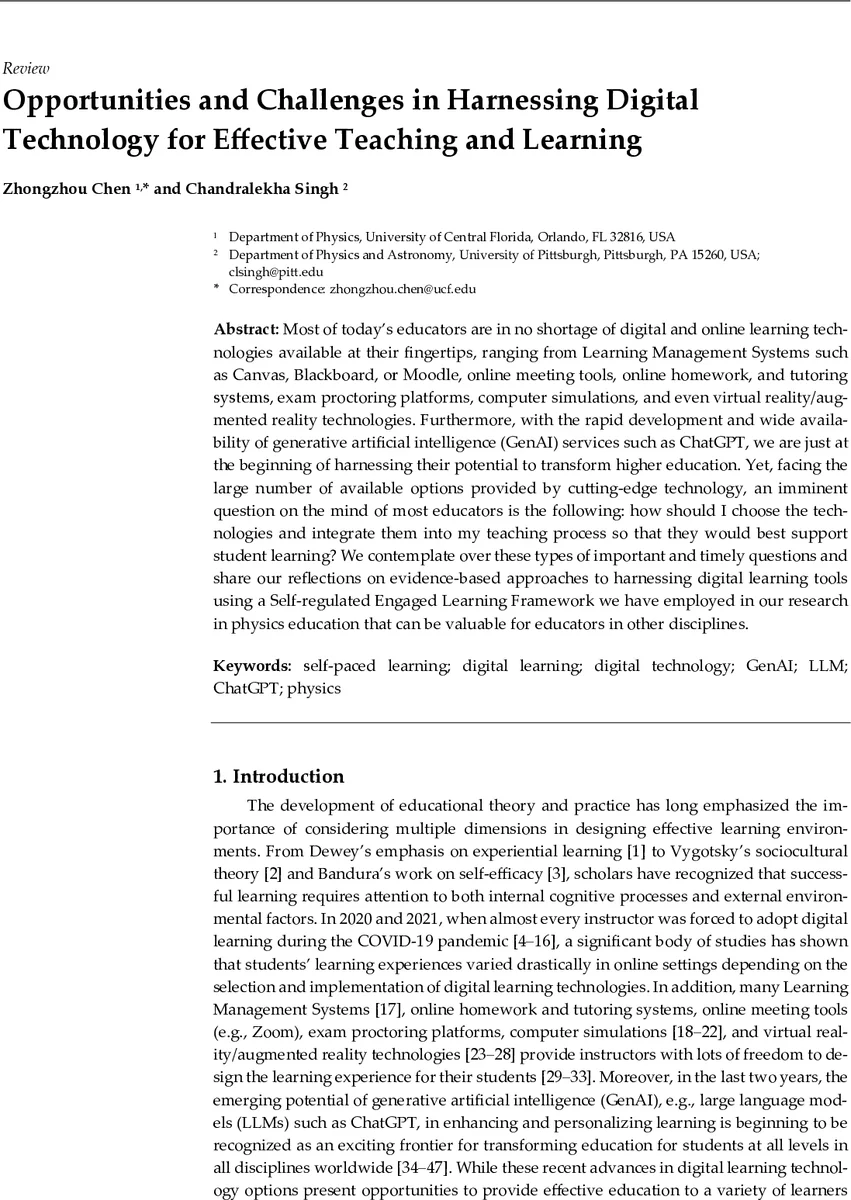 Opportunities and Challenges in Harnessing Digital Technology for Effective Teaching and Learning
