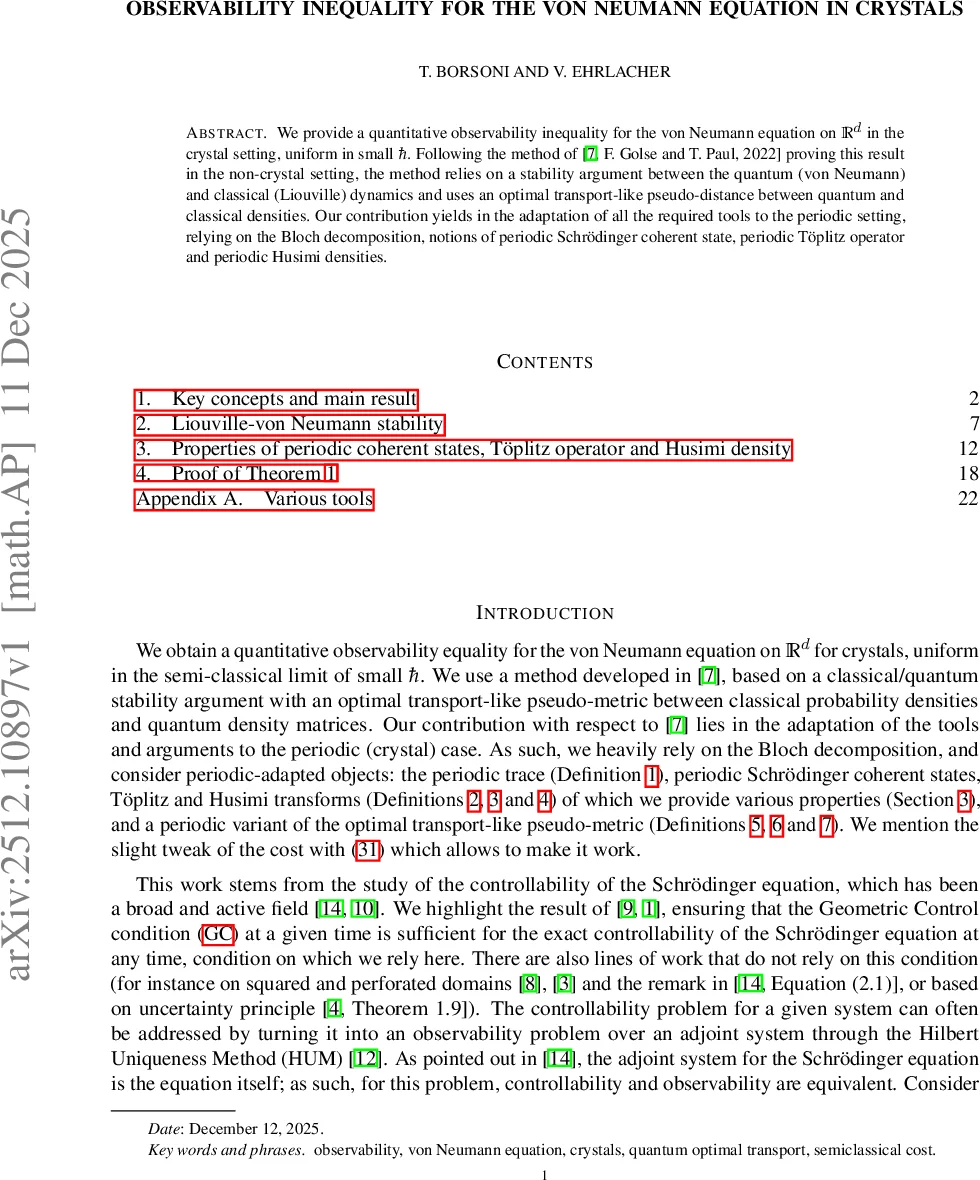 Observability inequality for the von Neumann equation in crystals