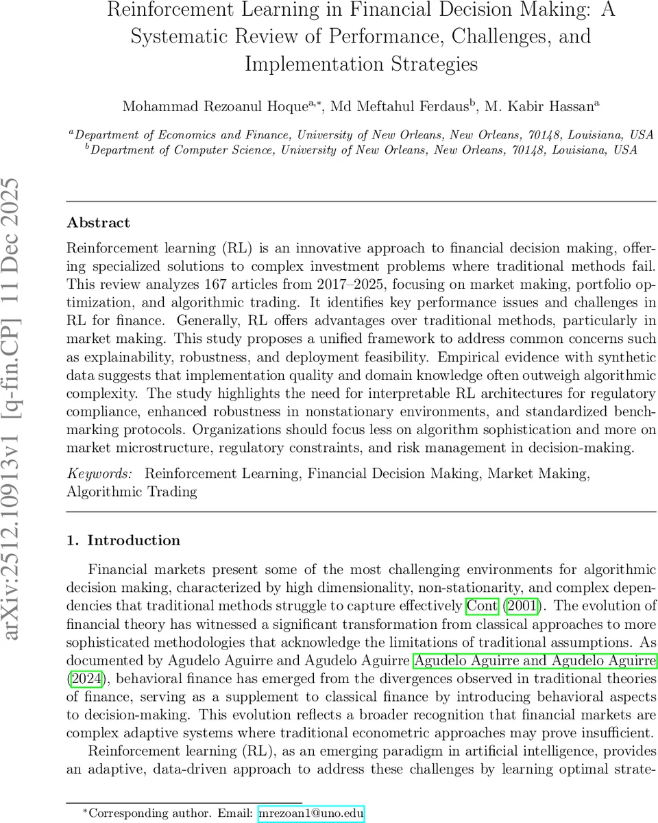 Reinforcement Learning in Financial Decision Making: A Systematic Review of Performance, Challenges, and Implementation Strategies