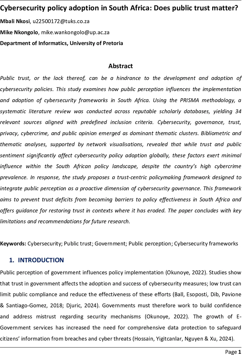 Cybersecurity policy adoption in South Africa: Does public trust matter?