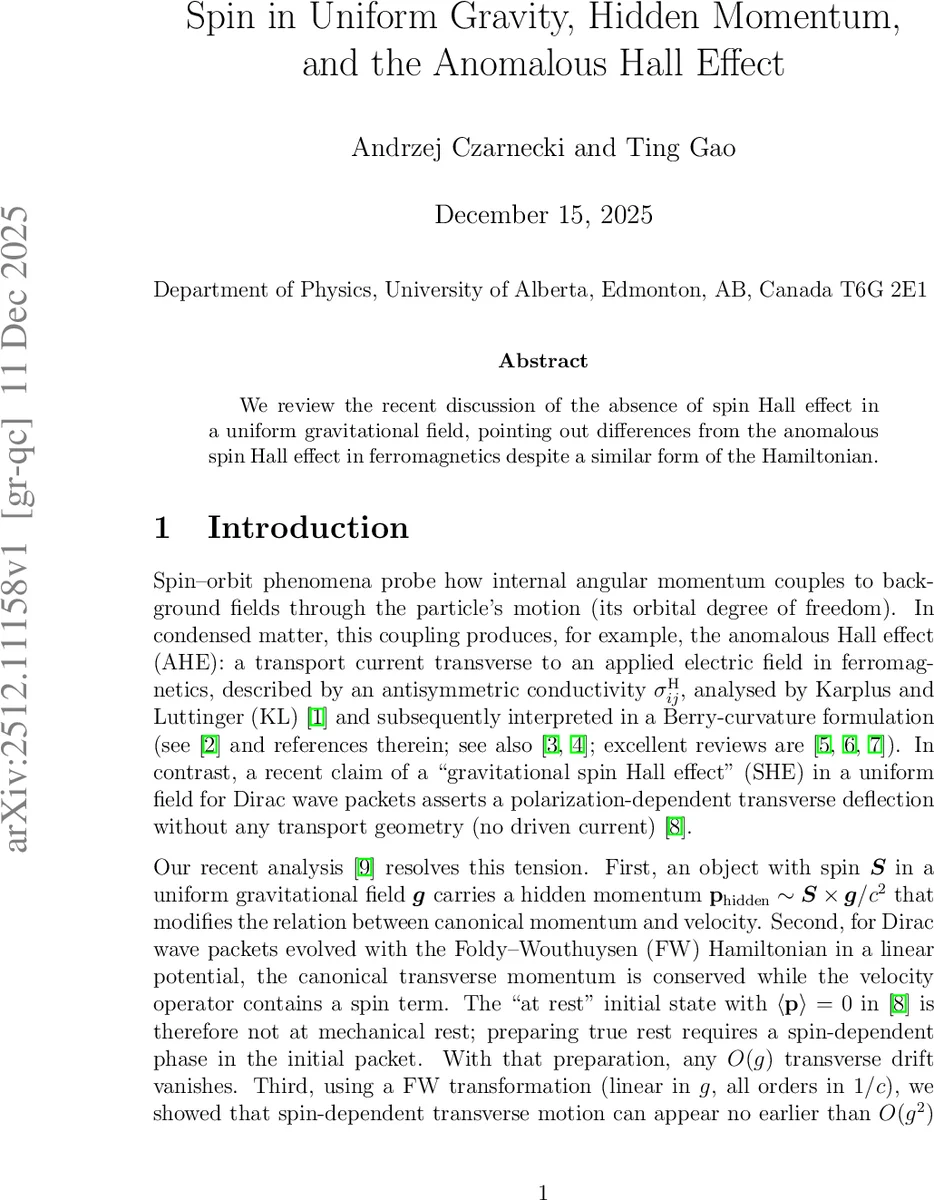 Spin in Uniform Gravity, Hidden Momentum, and the Anomalous Hall Effect