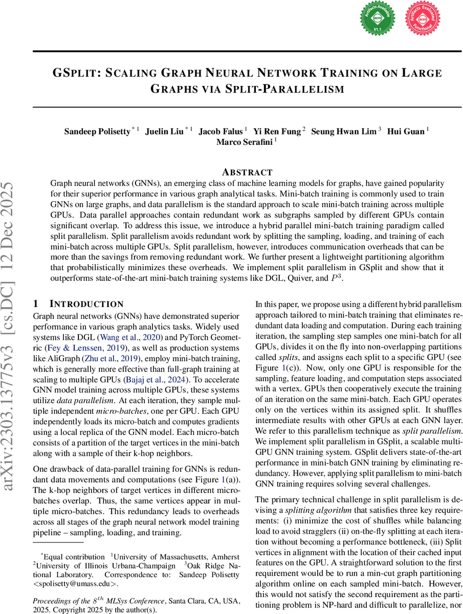 GSplit: Scaling Graph Neural Network Training on Large Graphs via Split-Parallelism
