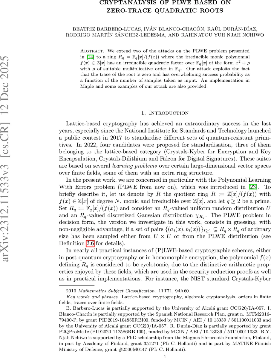 Cryptanalysis of PLWE based on zero-trace quadratic roots