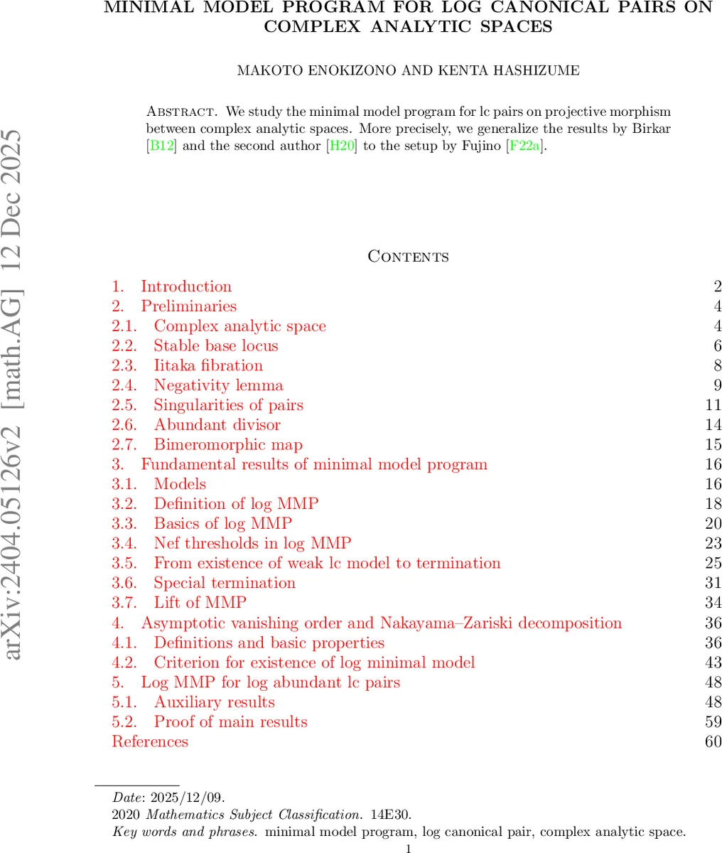 Minimal model program for log canonical pairs on complex analytic spaces