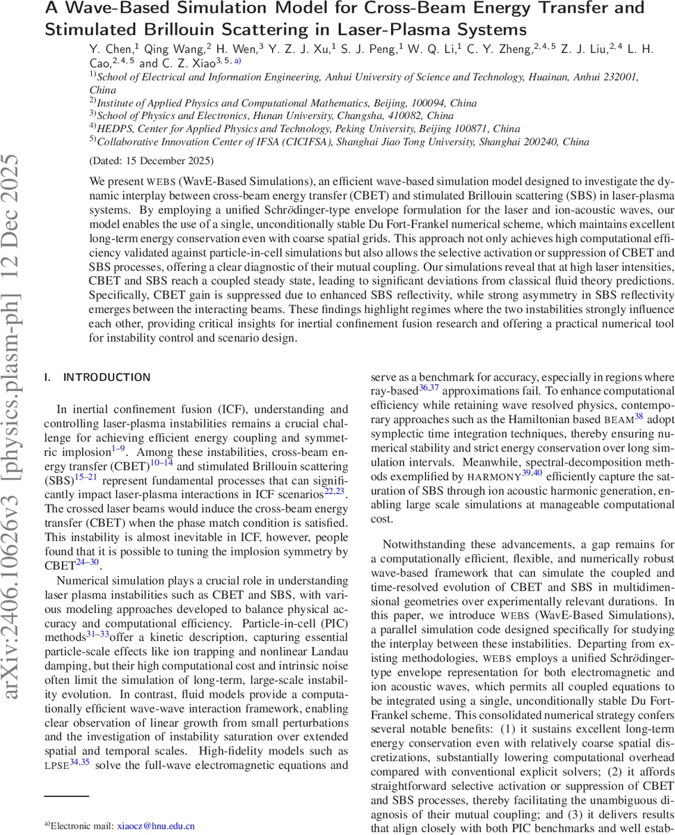 A Wave-Based Simulation Model for Cross-Beam Energy Transfer and Stimulated Brillouin Scattering in Laser-Plasma Systems
