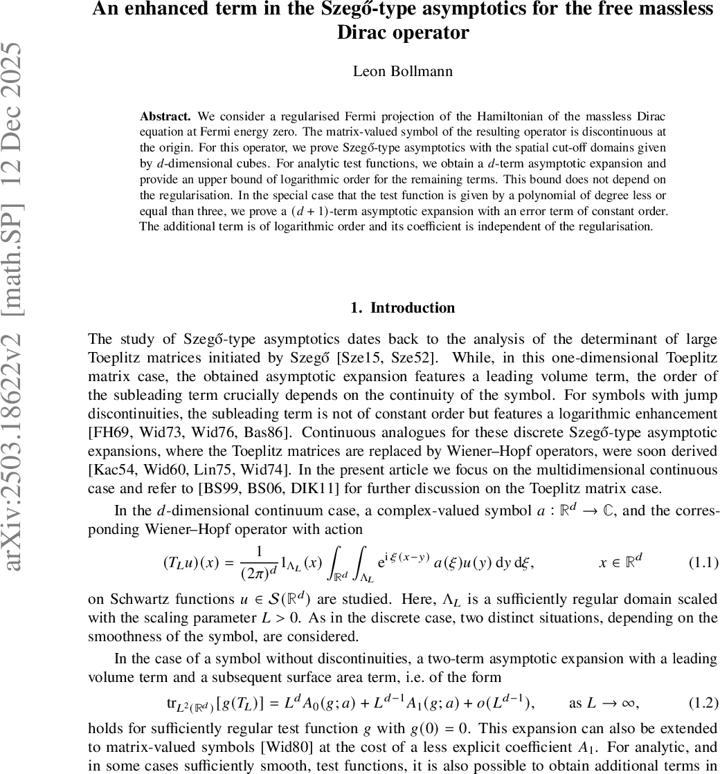 An enhanced term in the Szegő-type asymptotics for the free massless Dirac operator